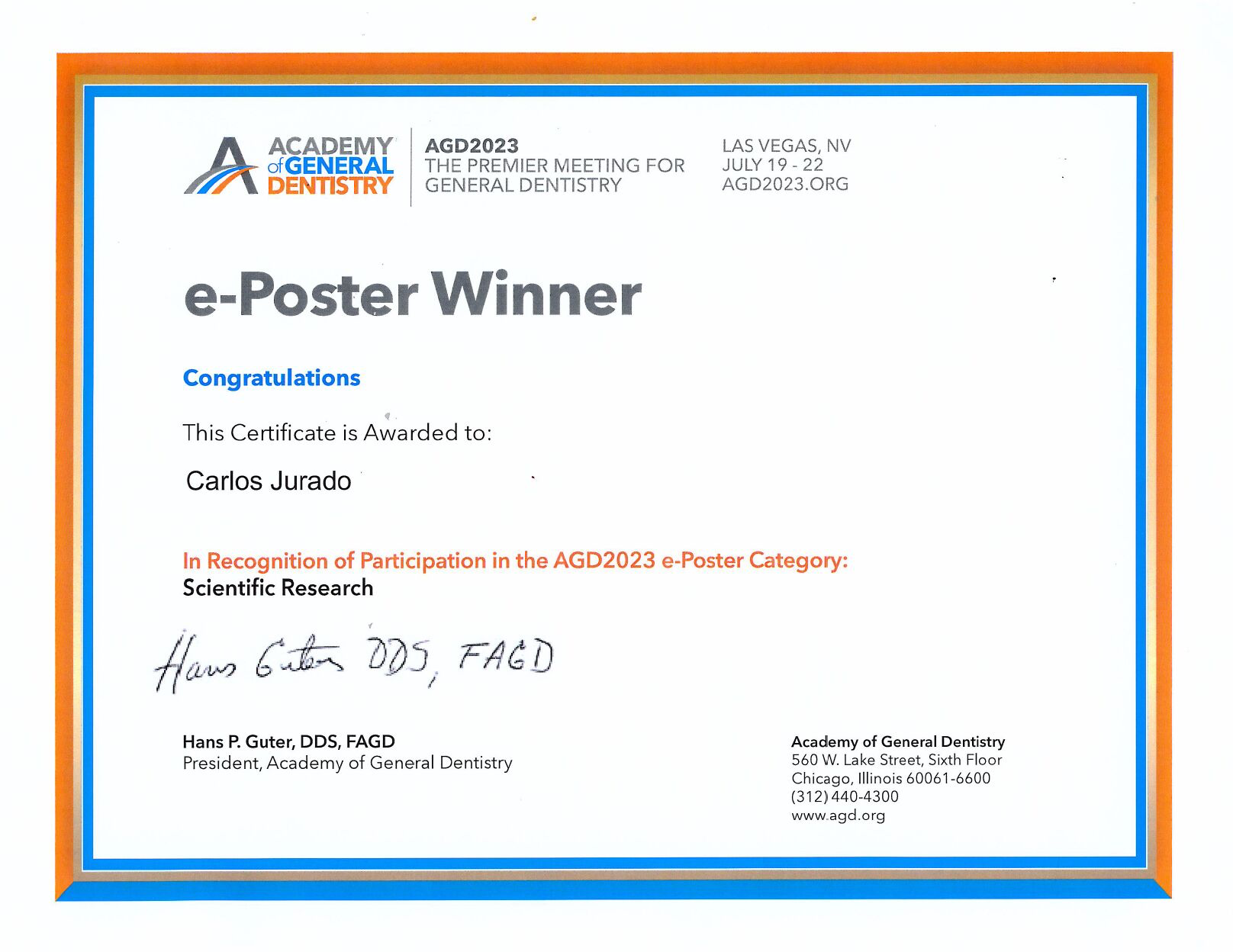 AGD e-Poster Winner certificate