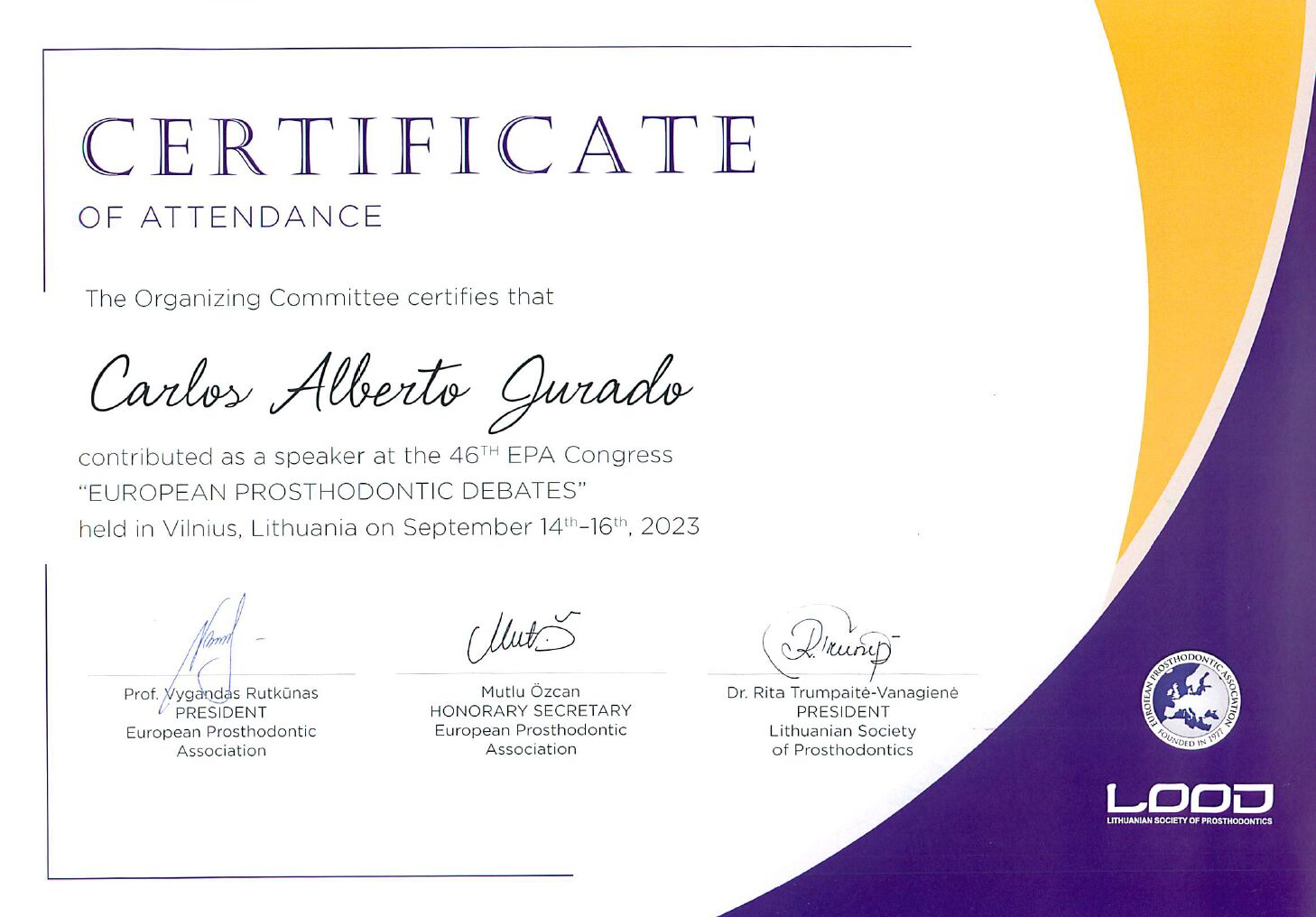 European Prosthodontic Debates speaker certificate